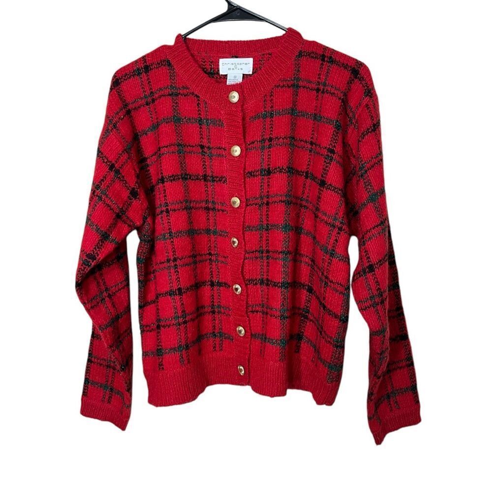 Vintage Christopher Banks Wool Blend Sweater‎ Cardigan Red Green Plaid M